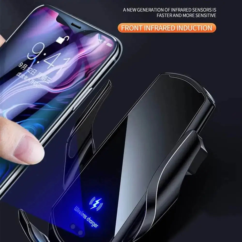 Front infrared induction feature of 15W fast wireless charger with smart sensor for quick phone detection and auto-clamping.