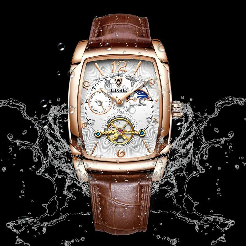 Men's Mechanical Leather Watch – Luxury Square Design with Tourbillon & Business Sport Style