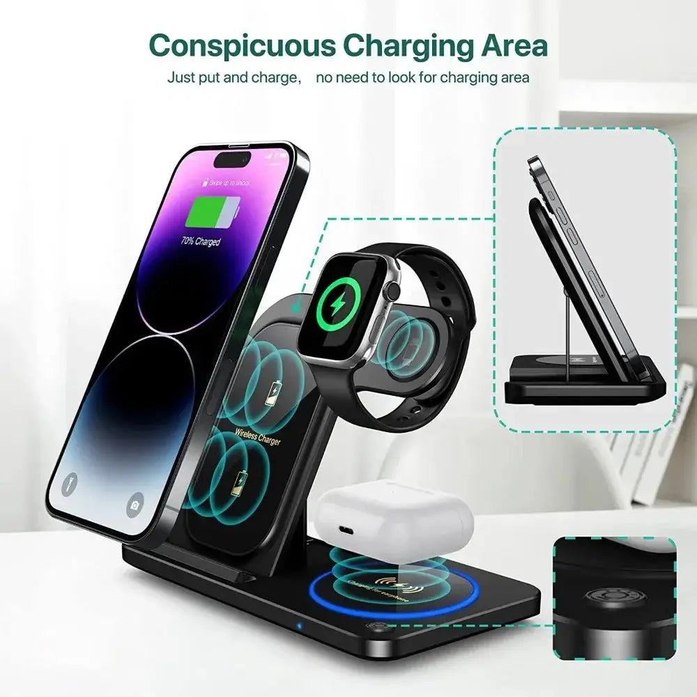 30W 3-in-1 Fast Wireless Charging Station – Foldable Charger Stand for iPhone 15/14/13/12/11, Apple Watch 9–5 & AirPods Pro