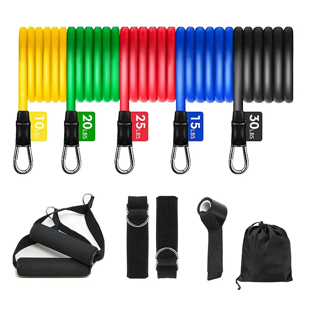 Complete 11-piece resistance band set with labeled bands, handles, ankle straps, door anchor, and carry bag for home workouts.