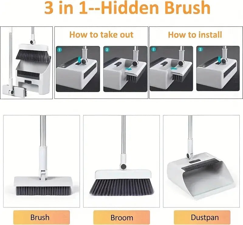 3-in-1 Household Broom Set with Long Handle, Thick Brush, and Dustpan, Non-Stick Floor Cleaner for Home Cleaning