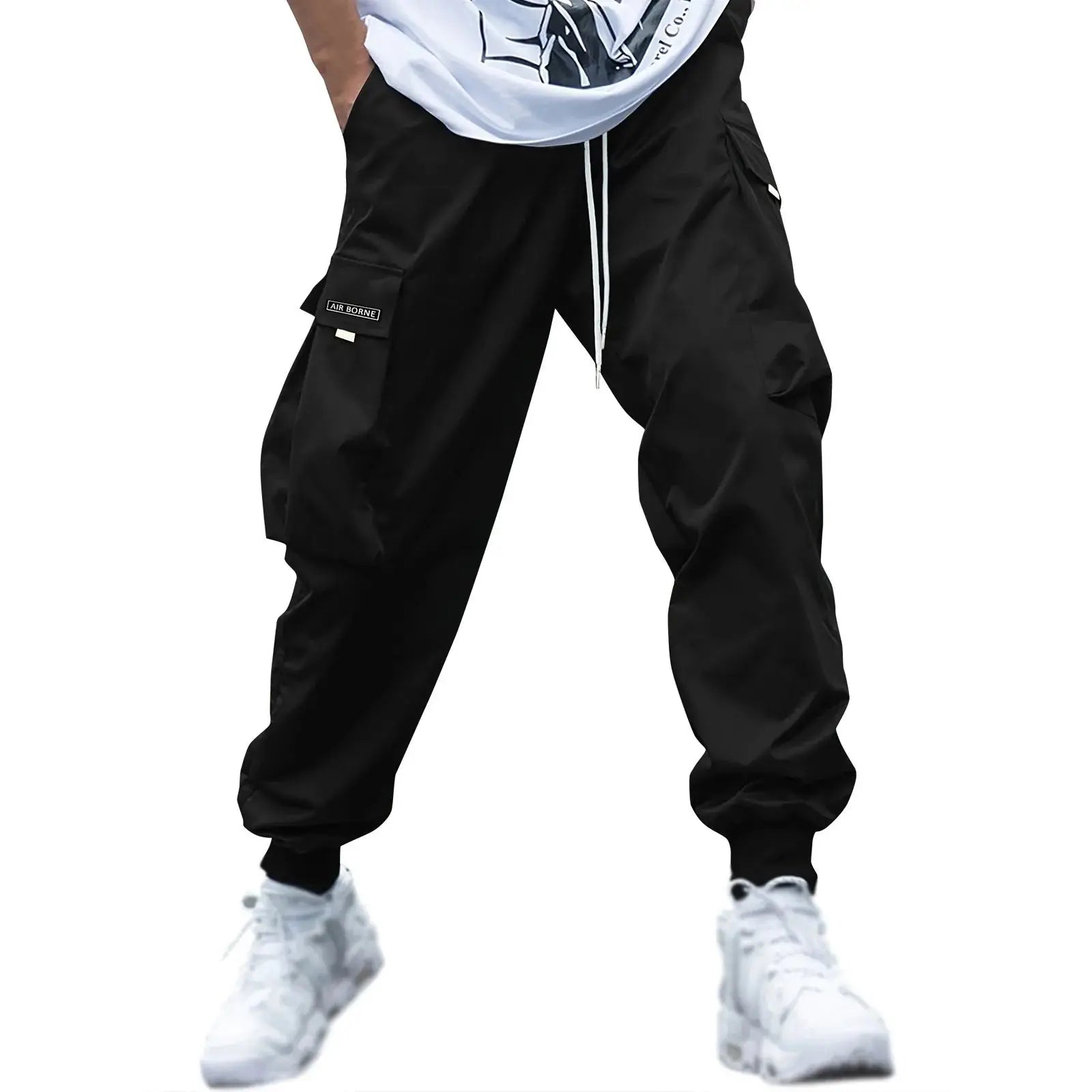 Black men’s cargo jogger pants with drawstring waist and utility pockets, designed for casual streetwear or everyday wear.