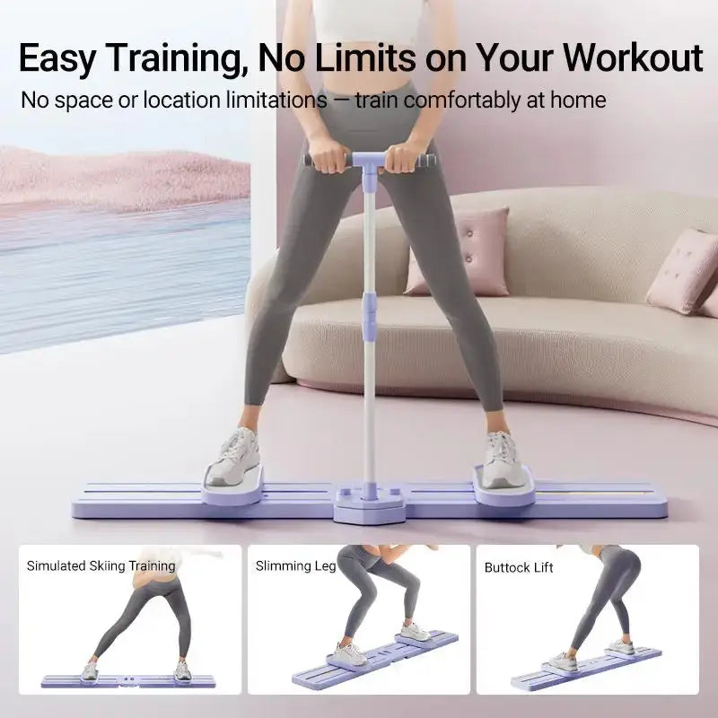 Woman demonstrating multiple exercises on foldable 3-in-1 ski trainer, including skiing simulation, leg slimming, and buttock lift.