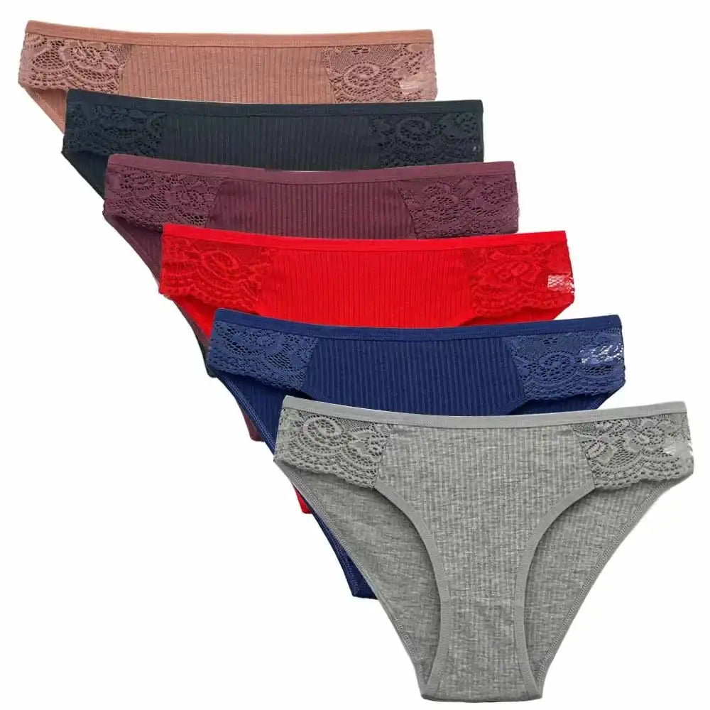 5-pack women's lace low-rise cotton panties in assorted colors including grey, red, and navy, designed for daily comfort and breathability.