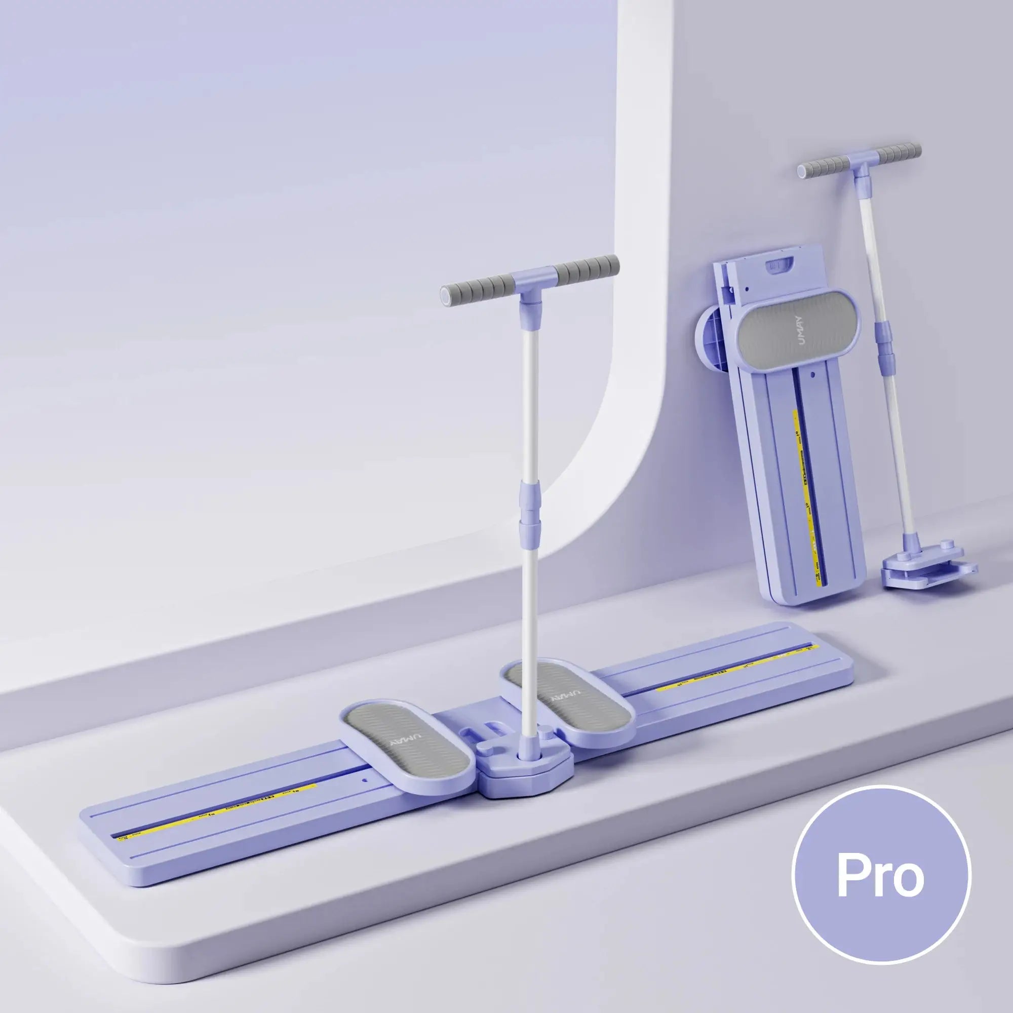 Foldable 3-in-1 ski trainer for home use in purple with detachable handrails, compactly stored upright for easy storage in small spaces.