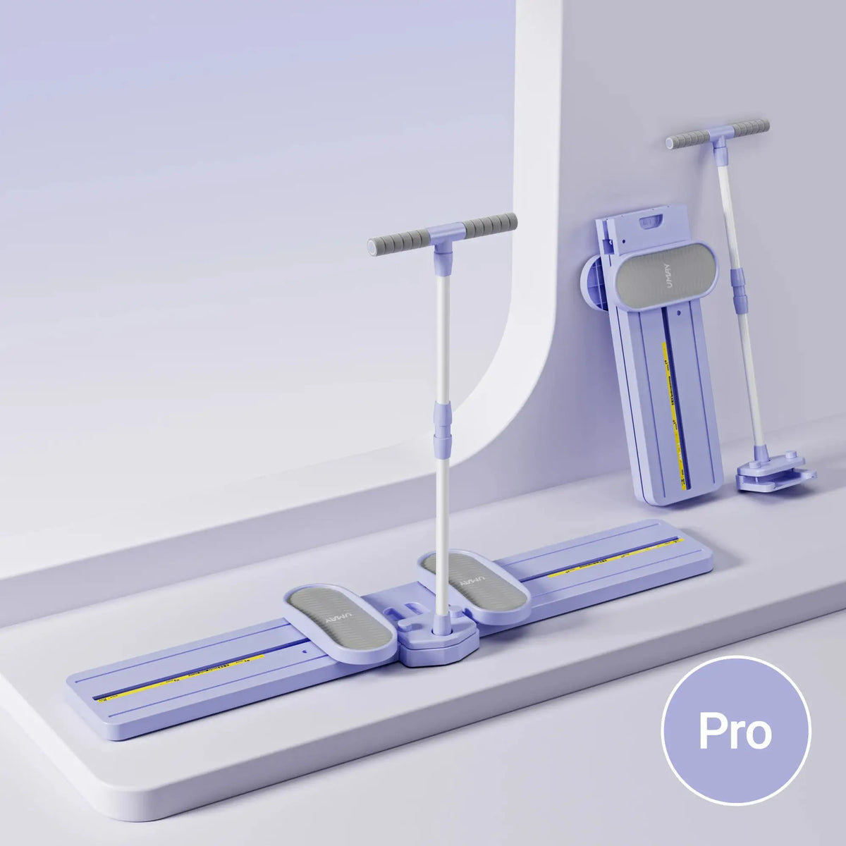 Foldable 3-in-1 ski trainer for home use in purple with detachable handrails, compactly stored upright for easy storage in small spaces.