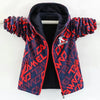 Red and black patterned waterproof jacket