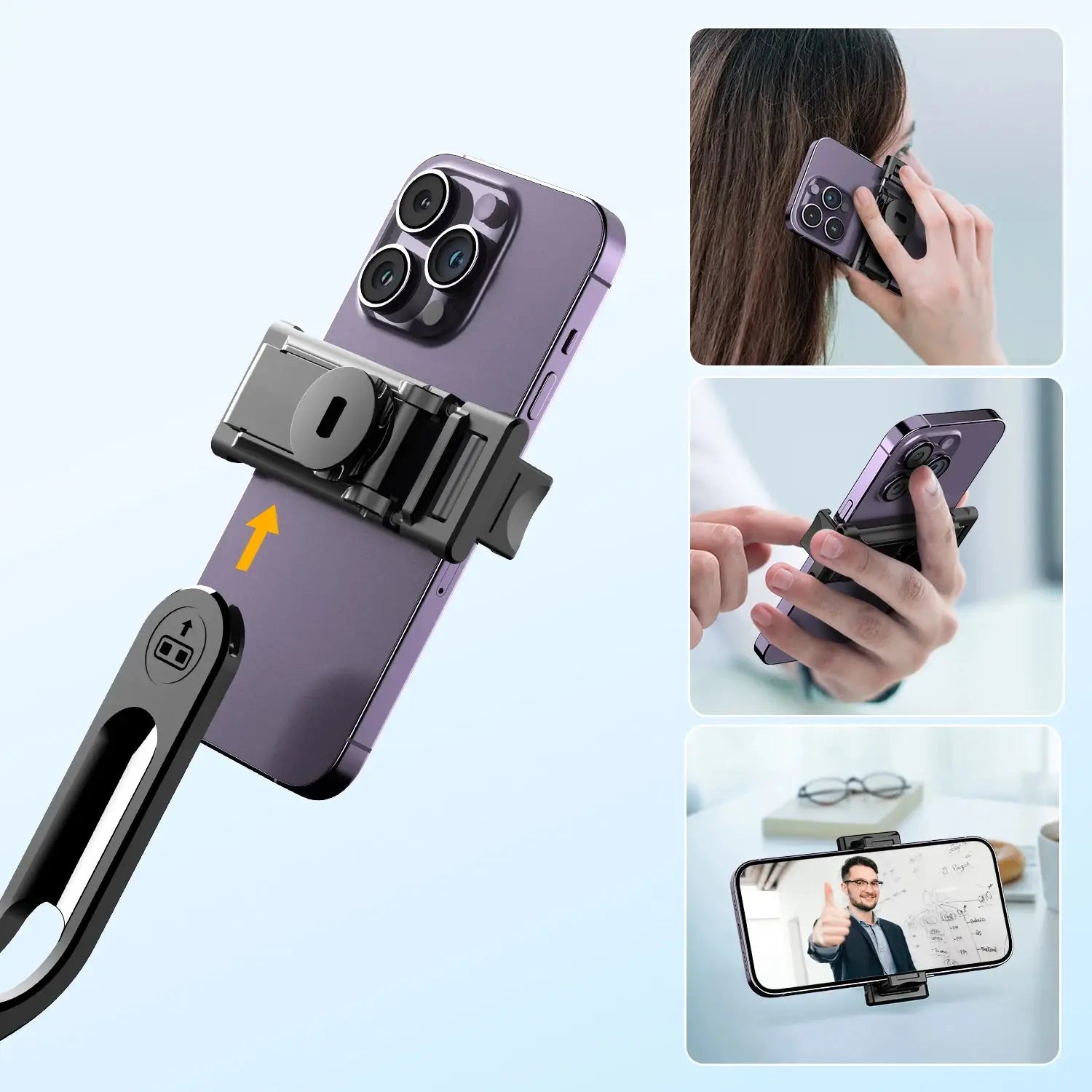 Detachable phone holder from Bluetooth Selfie Stick Tripod used as a stand-alone grip or horizontal phone stand for versatile mobile use.