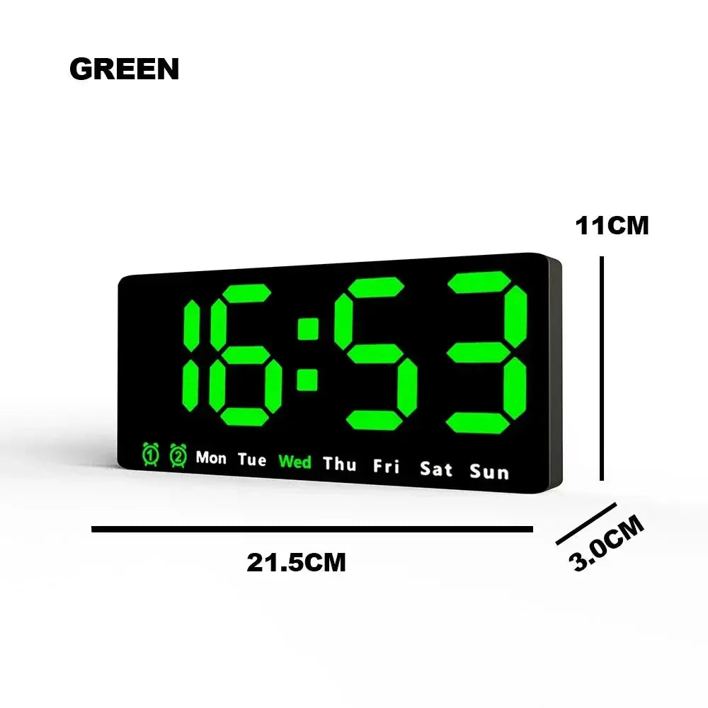 Green LED digital alarm clock with dimensions