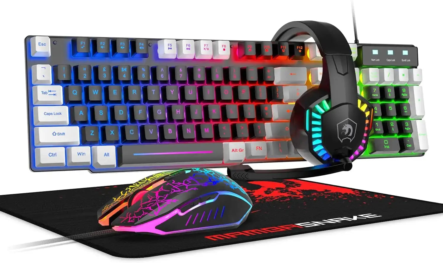 Gaming Combo Set, Wired Keyboard and Mouse with Rainbow LED Backlit and Headset for PC and Console