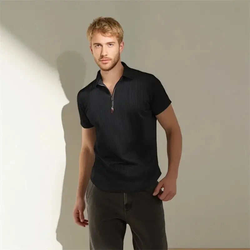 Men’s Jacquard Zip Polo Shirt – Short Sleeve Turn-Down Collar Top for Stylish Summer Casual Looks