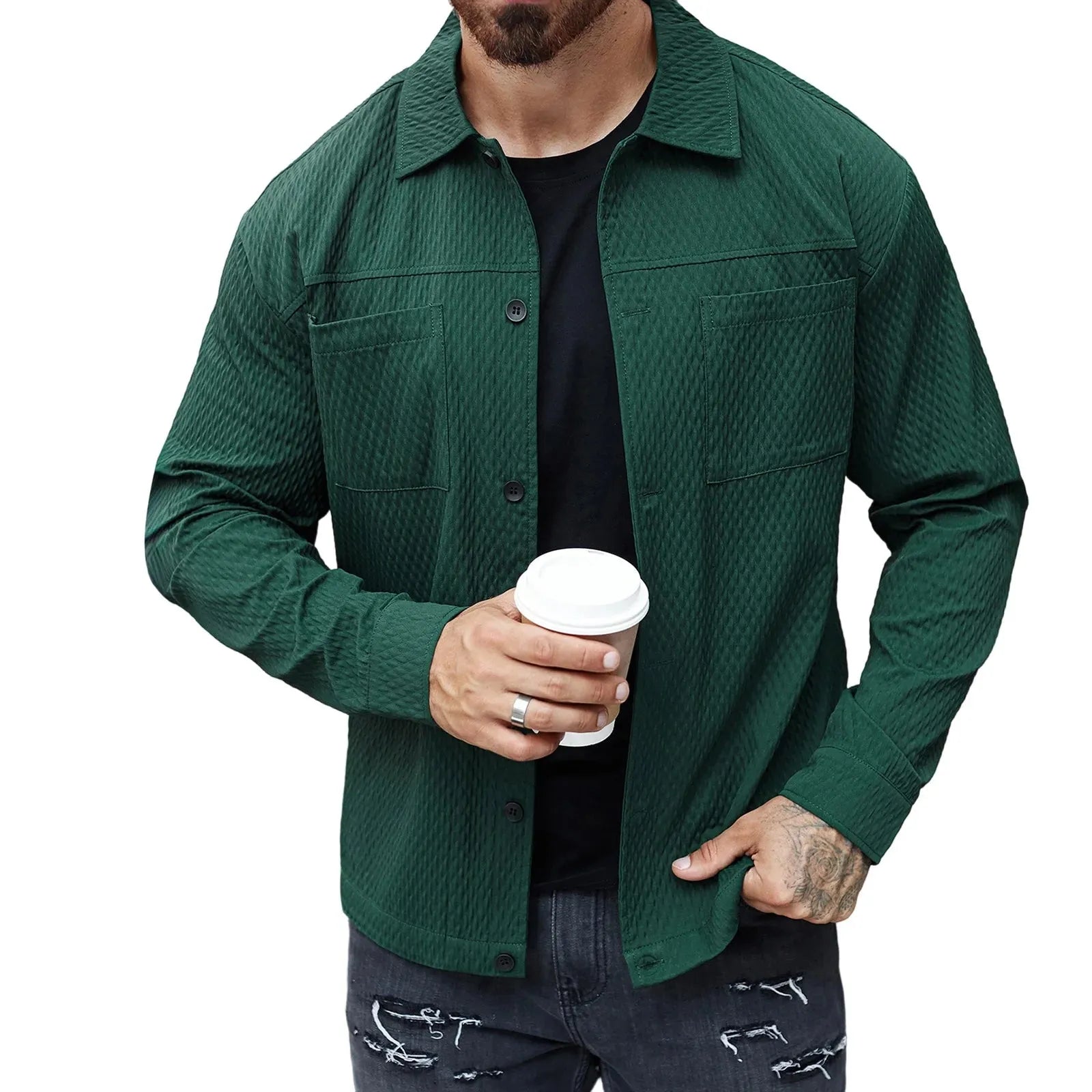Casual Shirt Jacket Men with Solid Button Up Long Sleeves