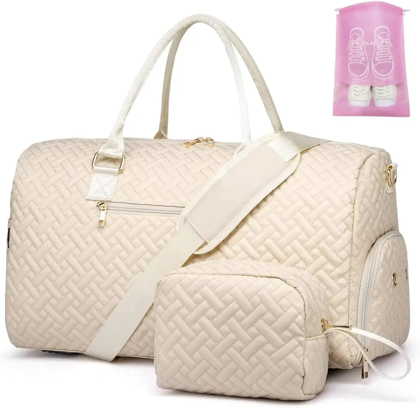 Women's travel duffle bag with shoe compartment and toiletry pouch, ideal for weekend trips or carry-on use