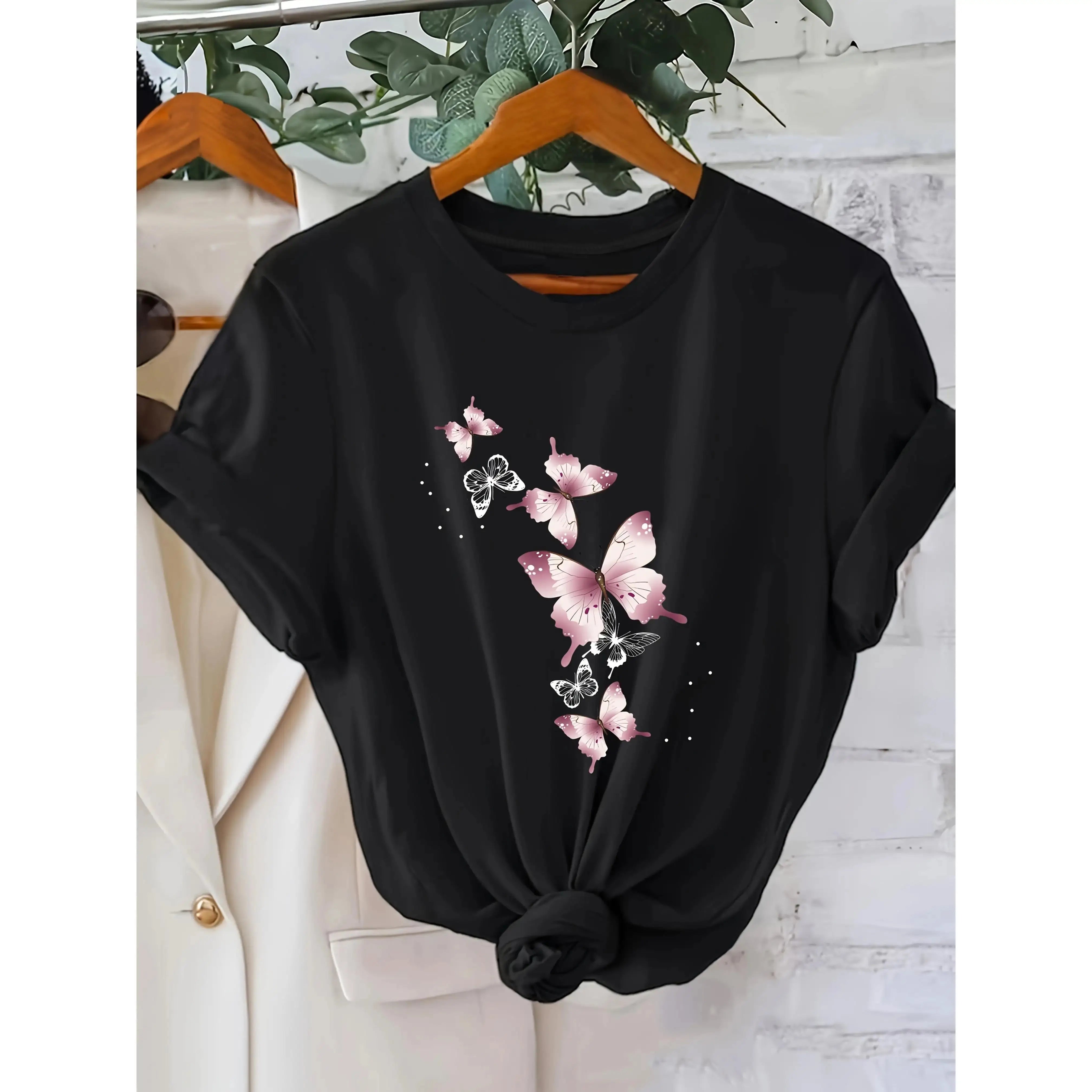 Butterfly Print Women’s T-Shirt – Soft Cotton Tee with Round Neck & Short Sleeves for Casual Looks