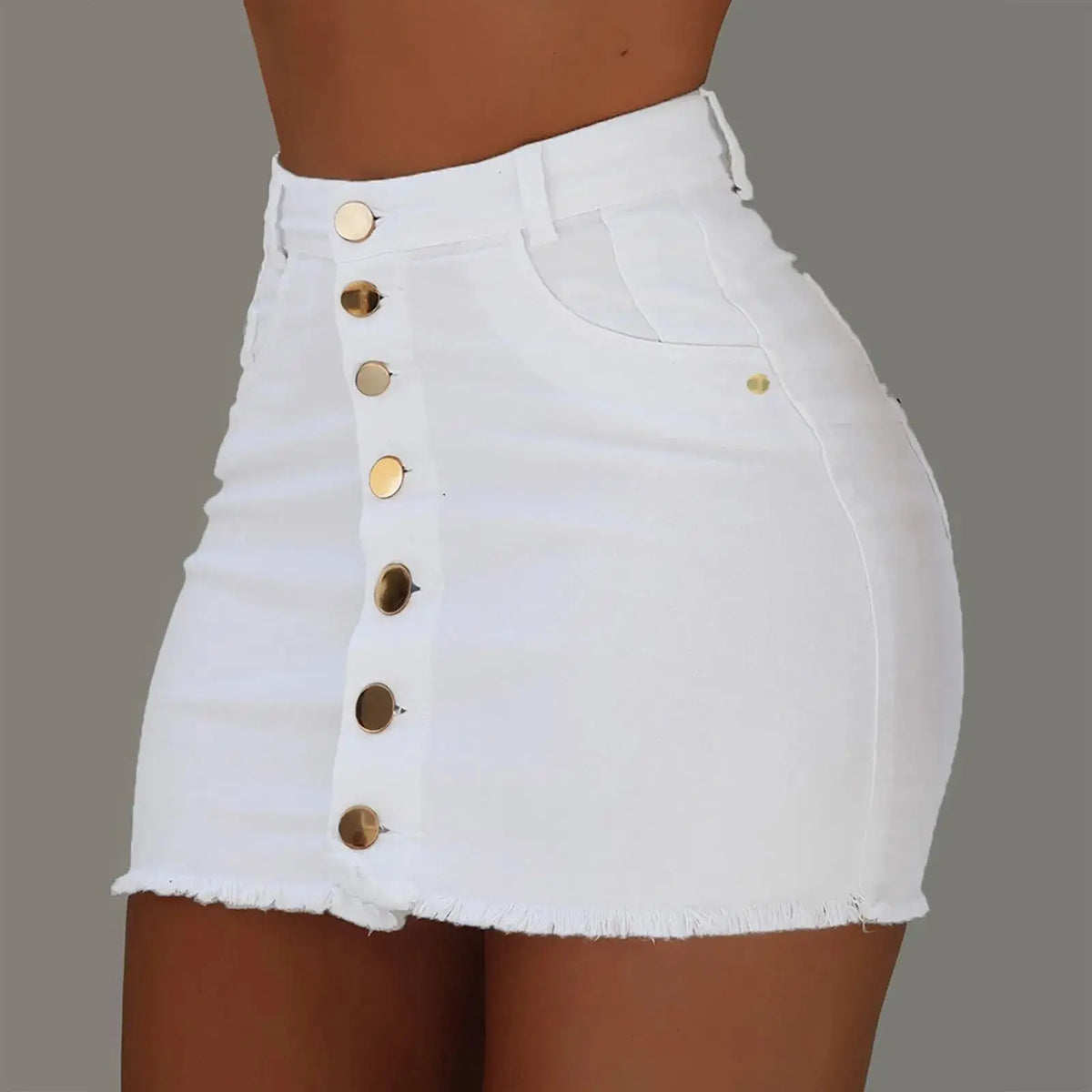 Women’s short denim skirt, high-waisted elastic design with breathable fabric and decorative ruffle hem