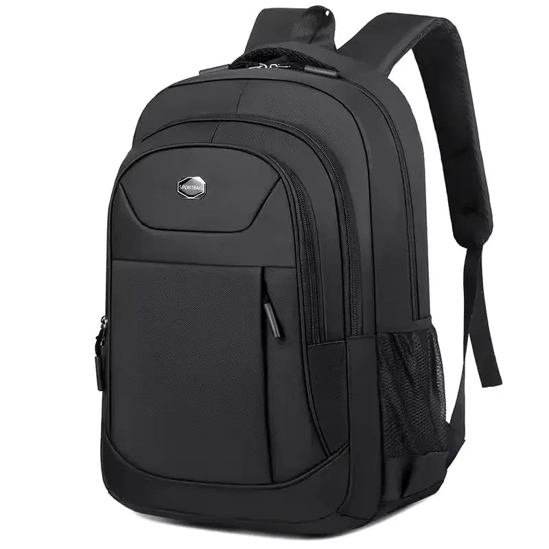 Black men’s waterproof Oxford backpack with blue zipper accents, ideal for students, professionals, and travelers.
