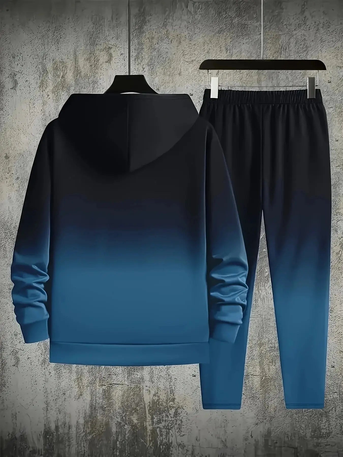 Plus size men’s casual set, letter print hoodie and sweatpants, blue-black gradient, 2-piece outfit for autumn and winter