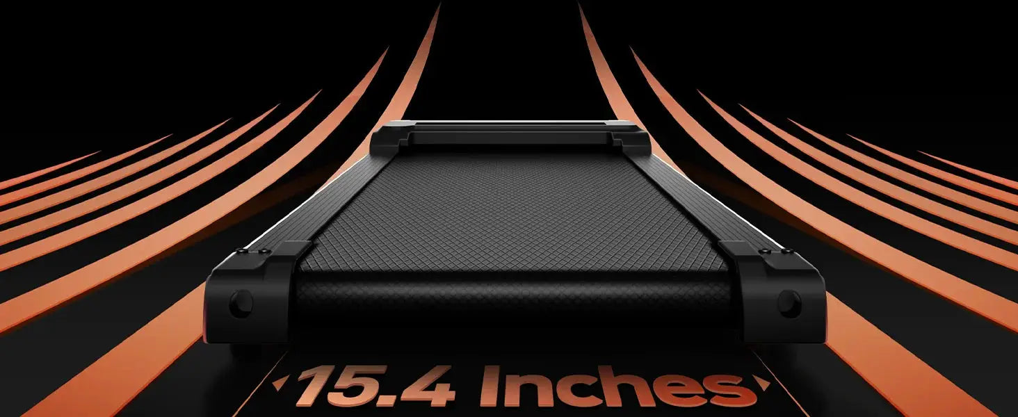 Close-up of 15.4-inch wide running belt on 3.0HP foldable treadmill, designed for stability and comfort during home cardio workouts.