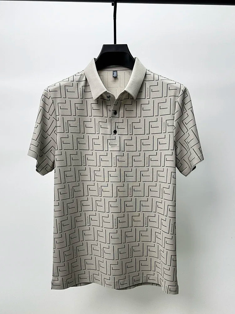 Beige silk t-shirt for men displayed on a hanger.