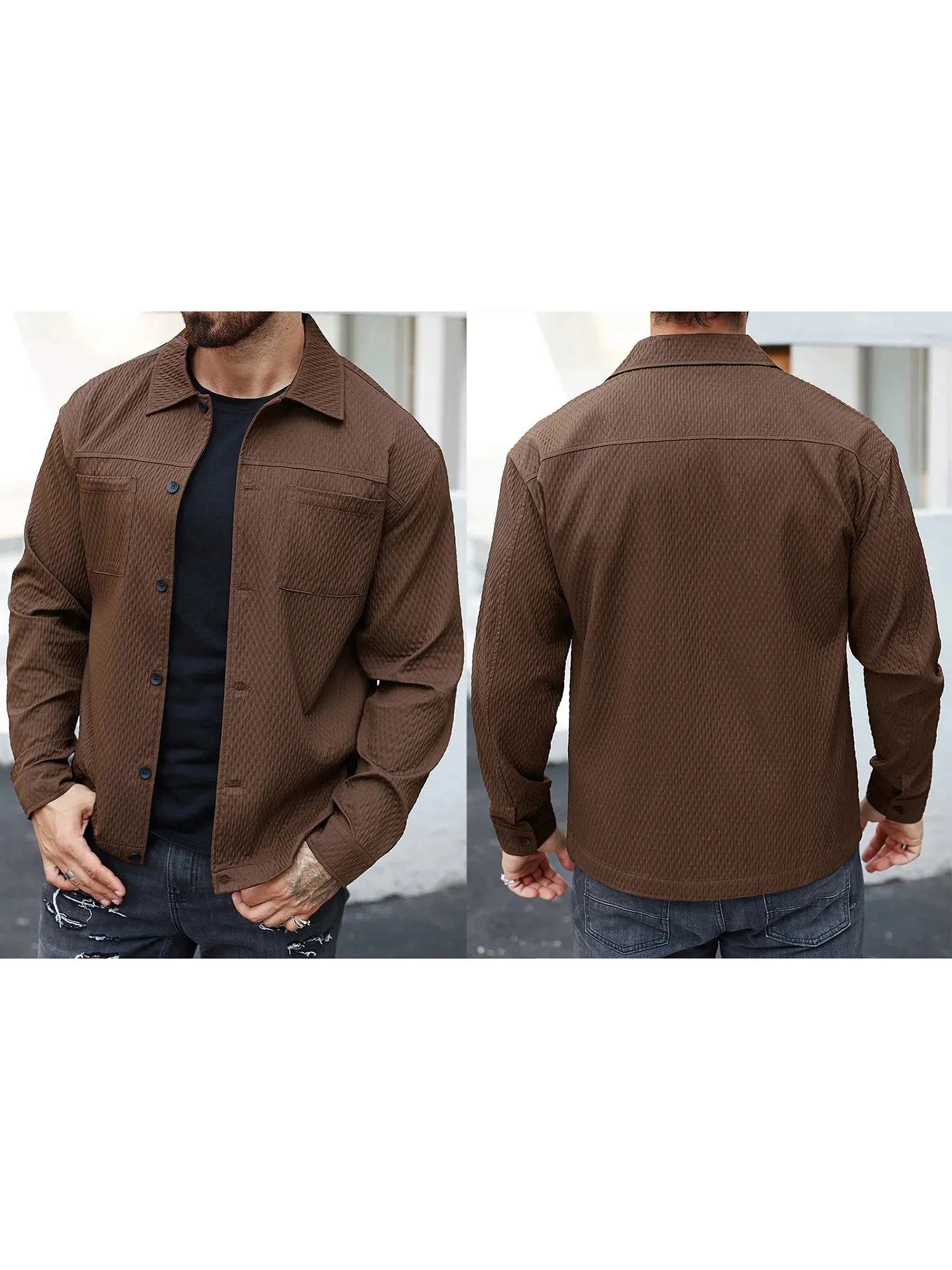 Casual Shirt Jacket Men with Solid Button Up Long Sleeves