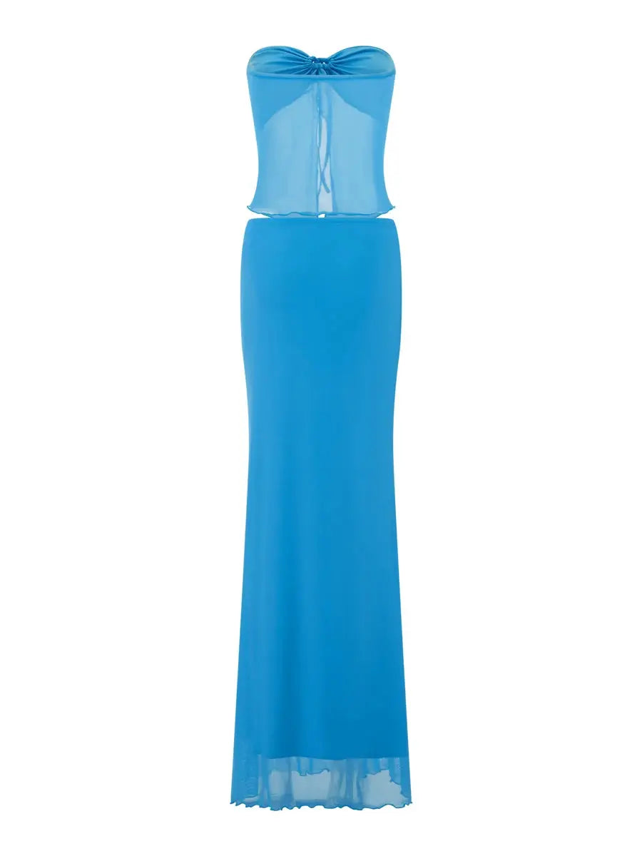 2-Piece Women's Outfit, Cutout Bandeau Top with Drawstring and Elastic Pencil Skirt for Streetwear Style