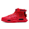 Red high-top casual sports shoes with text design