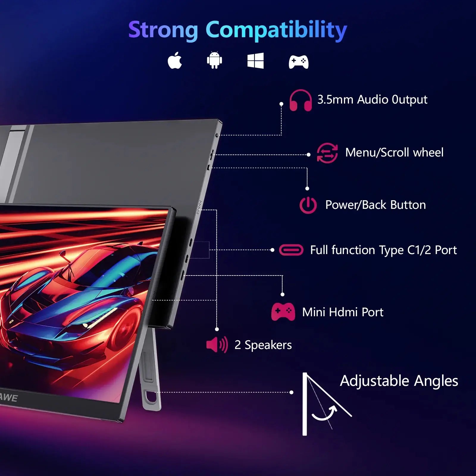 16" 120Hz Portable Gaming Monitor | 1200P HDR Display with Stand, Freesync & 100% sRGB – 16:10 Ratio
