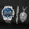 Silver stainless steel watch with blue dial, lion pendant, bracelet