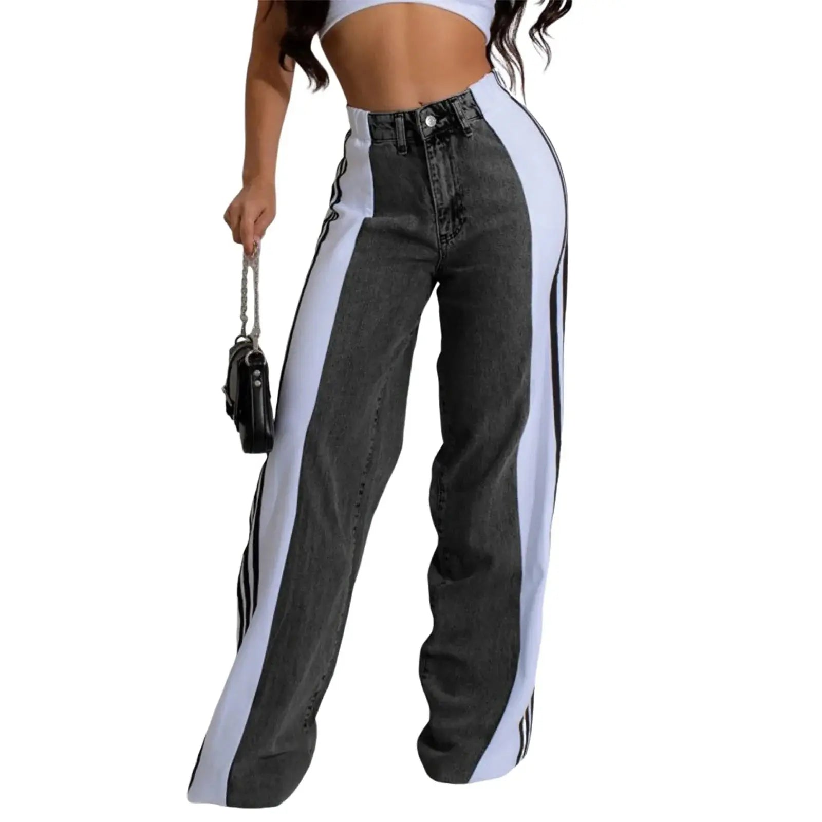 Black denim wide leg jeans for women with white side stripes, high waist and baggy fit perfect for bold spring fashion statements.