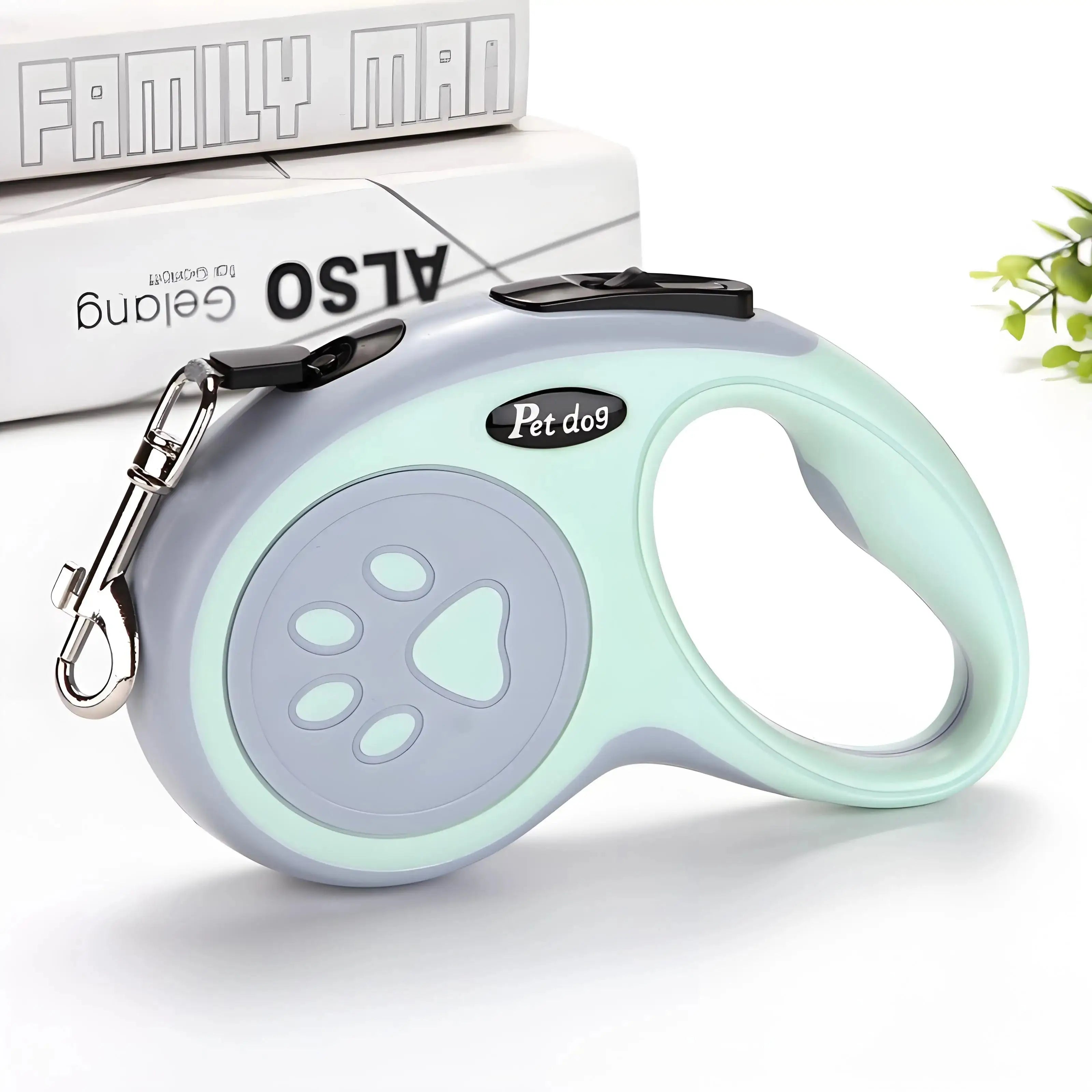 Mint green Automatic Retractable Nylon Pet Leash with paw print detail. Durable and stylish lead for walking and running small pets.