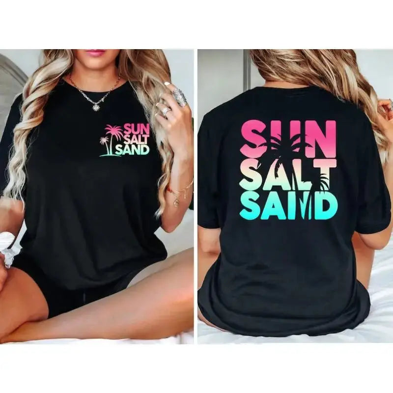 Women’s Retro Beach Graphic T-Shirt – “Sun Sand Salt” Print Comfort Colors Tee with Short Sleeves for Casual Summer Style