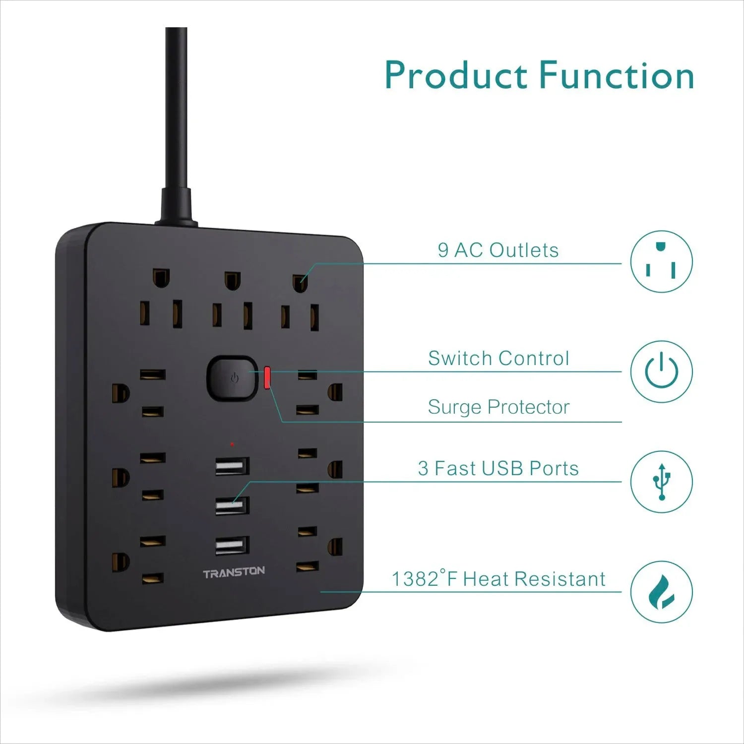 Power Strip Surge Protector 9 Outlet 3 USB Long Cord