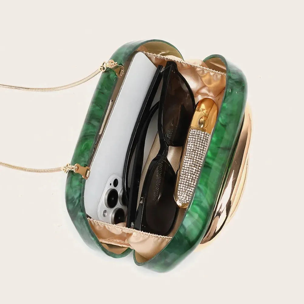 Gold Metal Clutch Bag With Chain Strap For Evening Events