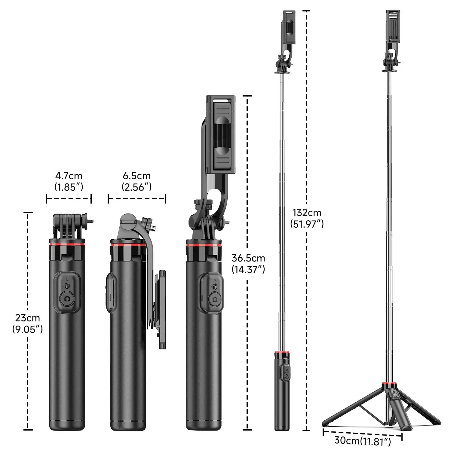 Detailed dimensions of Bluetooth Selfie Stick Tripod showing compact storage and full extension for versatile mobile photography use.