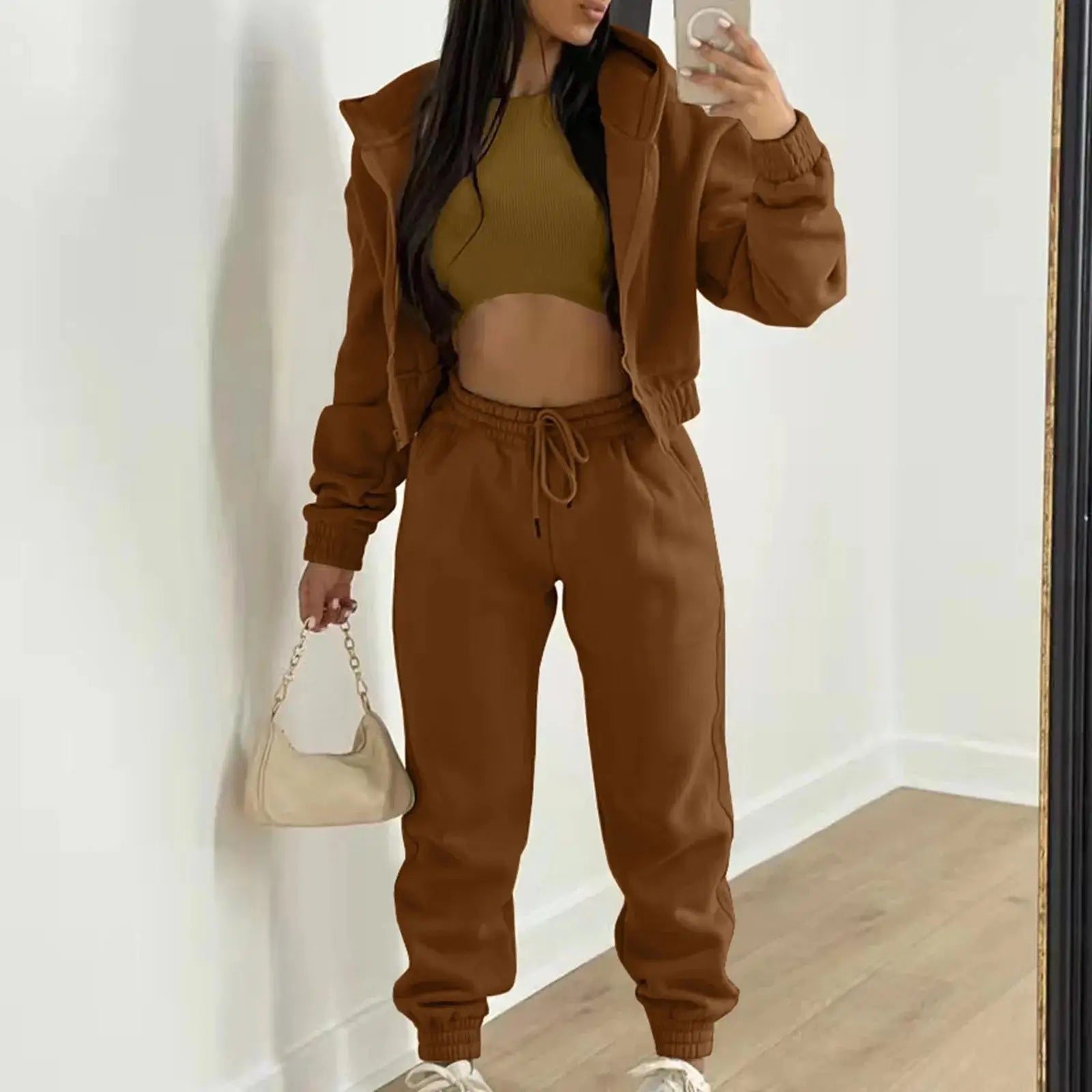 Women's Autumn Winter Casual Tracksuit Set with Vest Top, Zipper Jacket and Loose Pants, Available in Plus Sizes