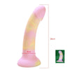 Pink and yellow silicone dildo with packaging