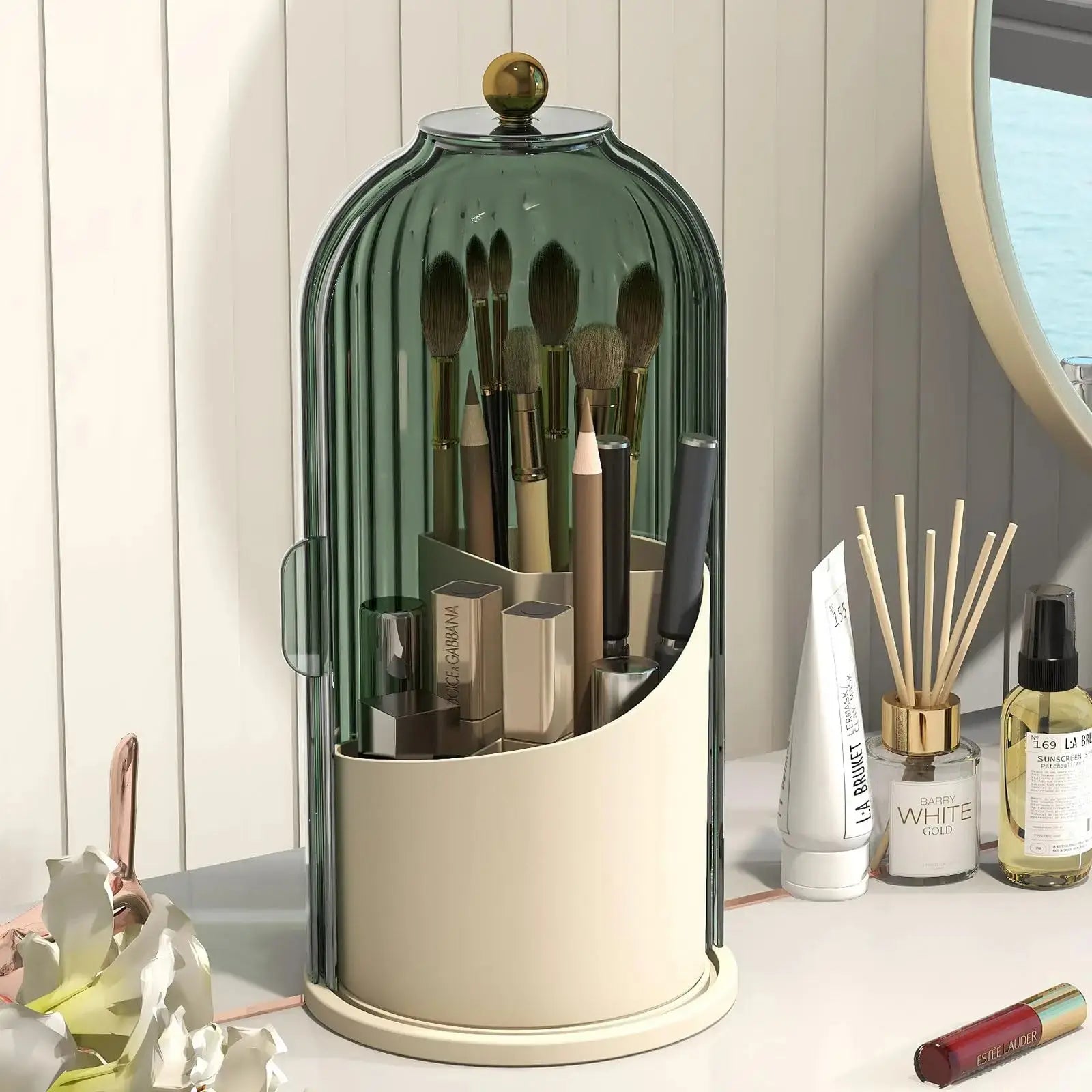 360° Rotating Makeup Brush Organizer with Lid Clear Dustproof Holder