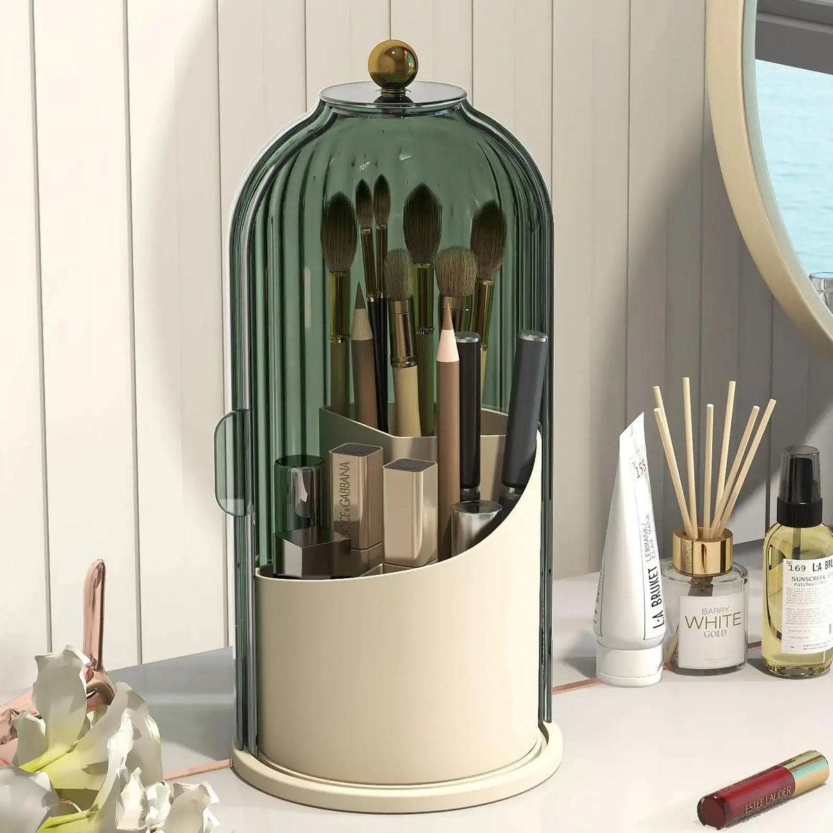 360° Rotating Makeup Brush Organizer with Lid Clear Dustproof Holder