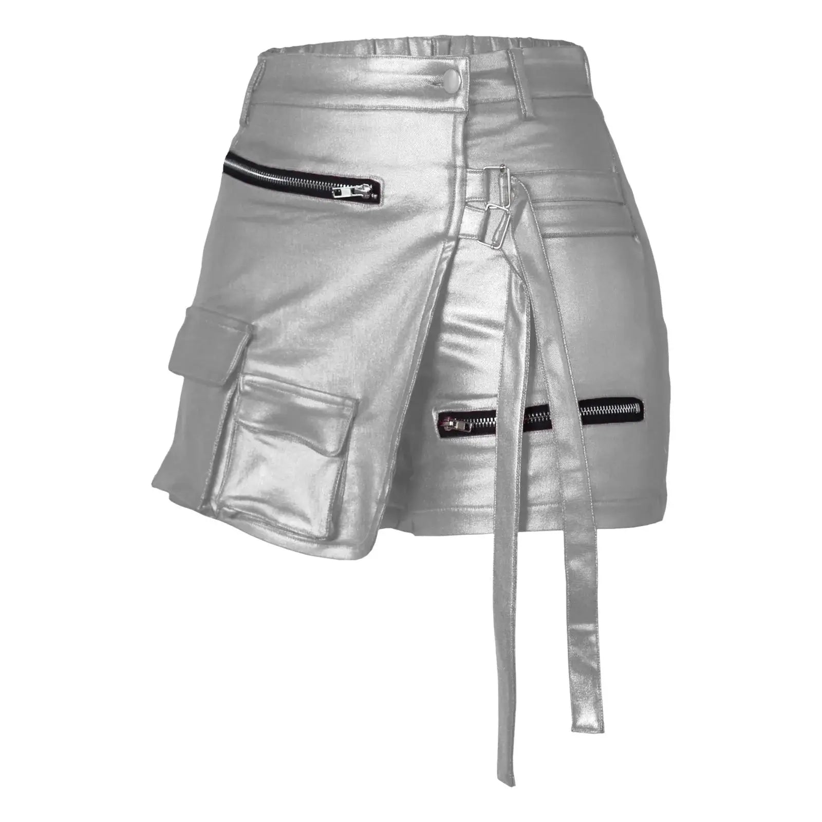 Women’s faux leather shorts, solid color slim fit design with side zipper and patchwork-style seams