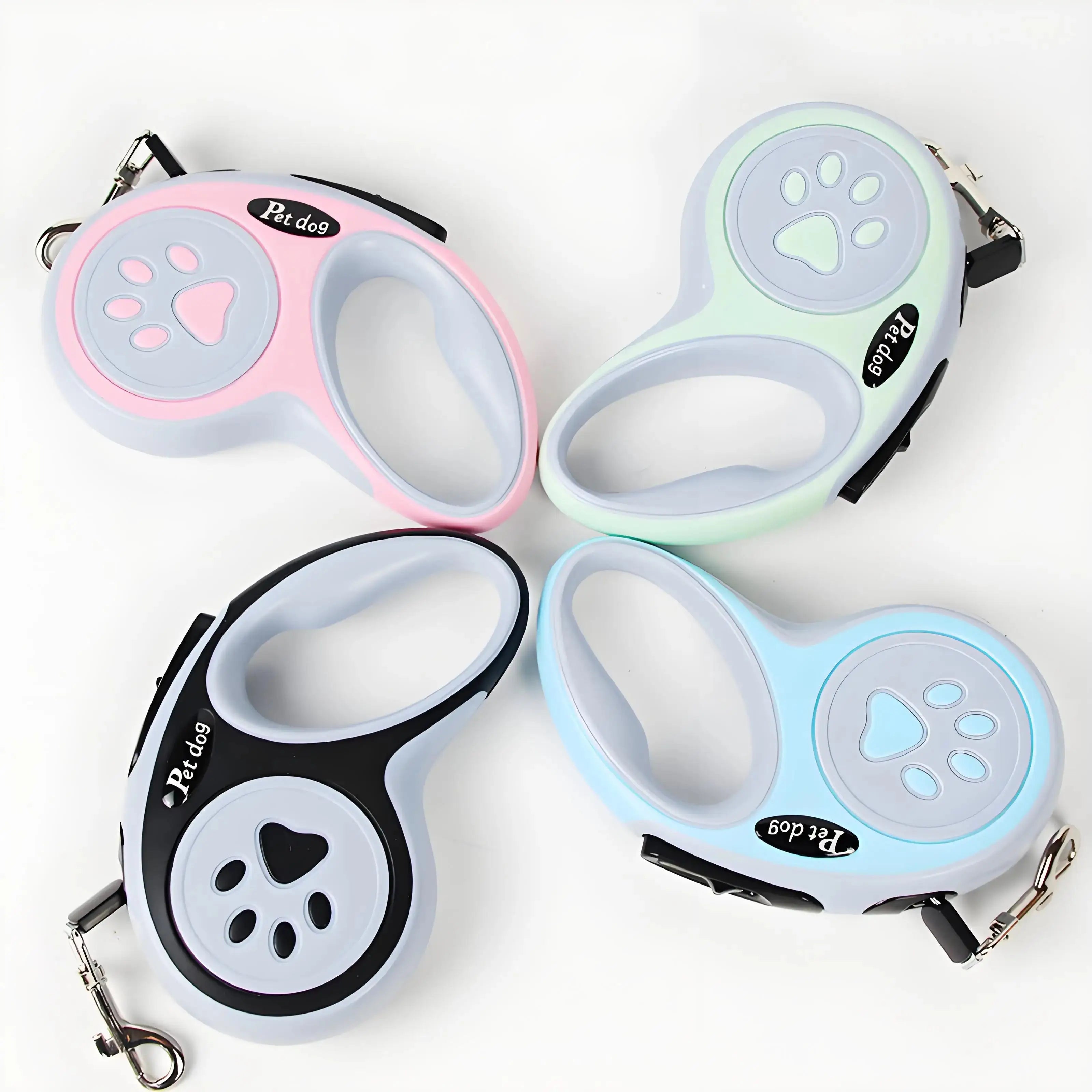 Set of four Automatic Retractable Nylon Pet Leashes in pastel colors. Durable extending leads for small dogs and cats in pet supplies category.