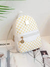 White plaid print shoulder backpack with gold accents