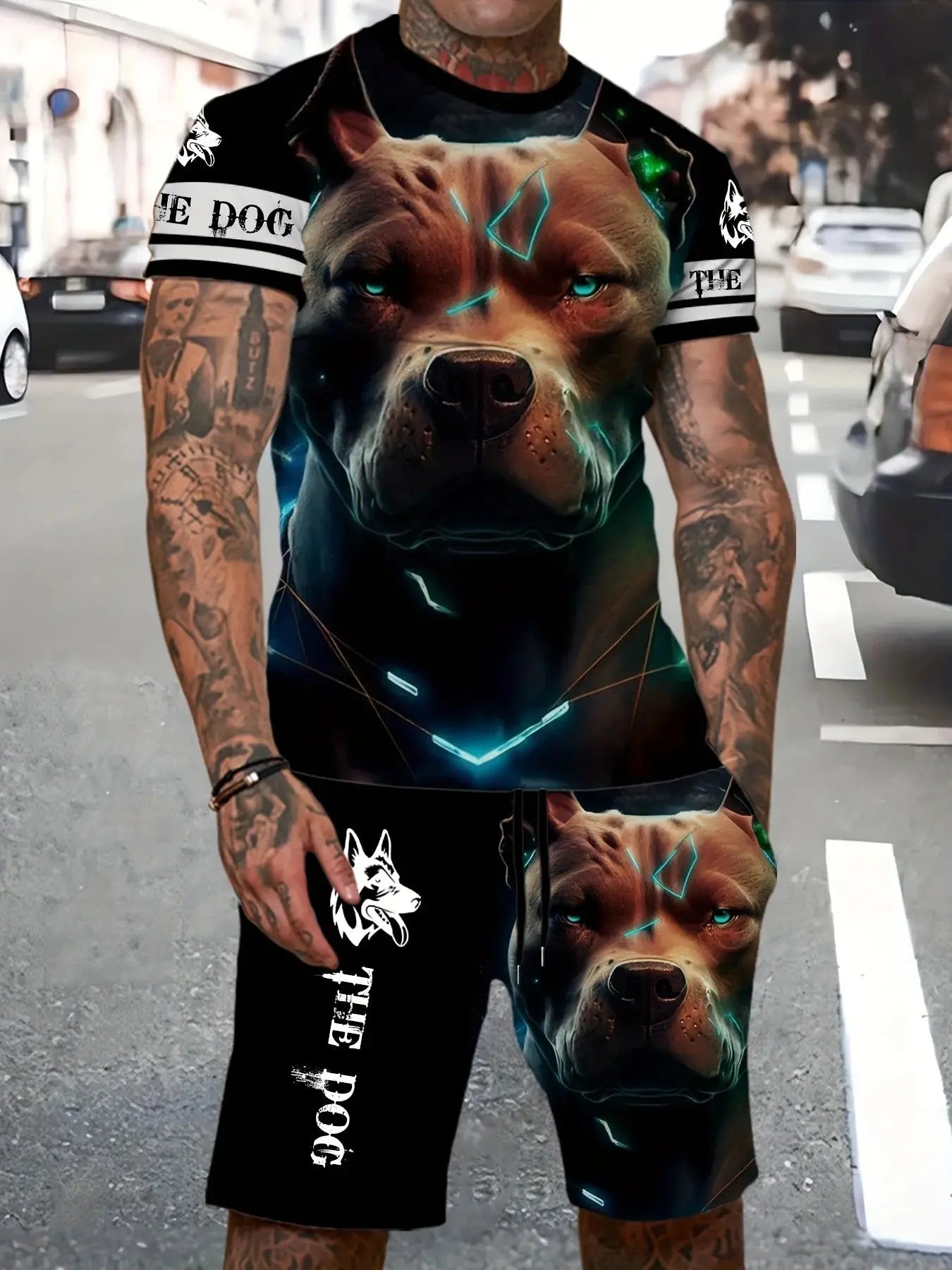 Men's 2-piece summer outfit featuring a 3D printed high-def pitbull graphic on a short-sleeve round neck shirt and matching shorts for casual wear.