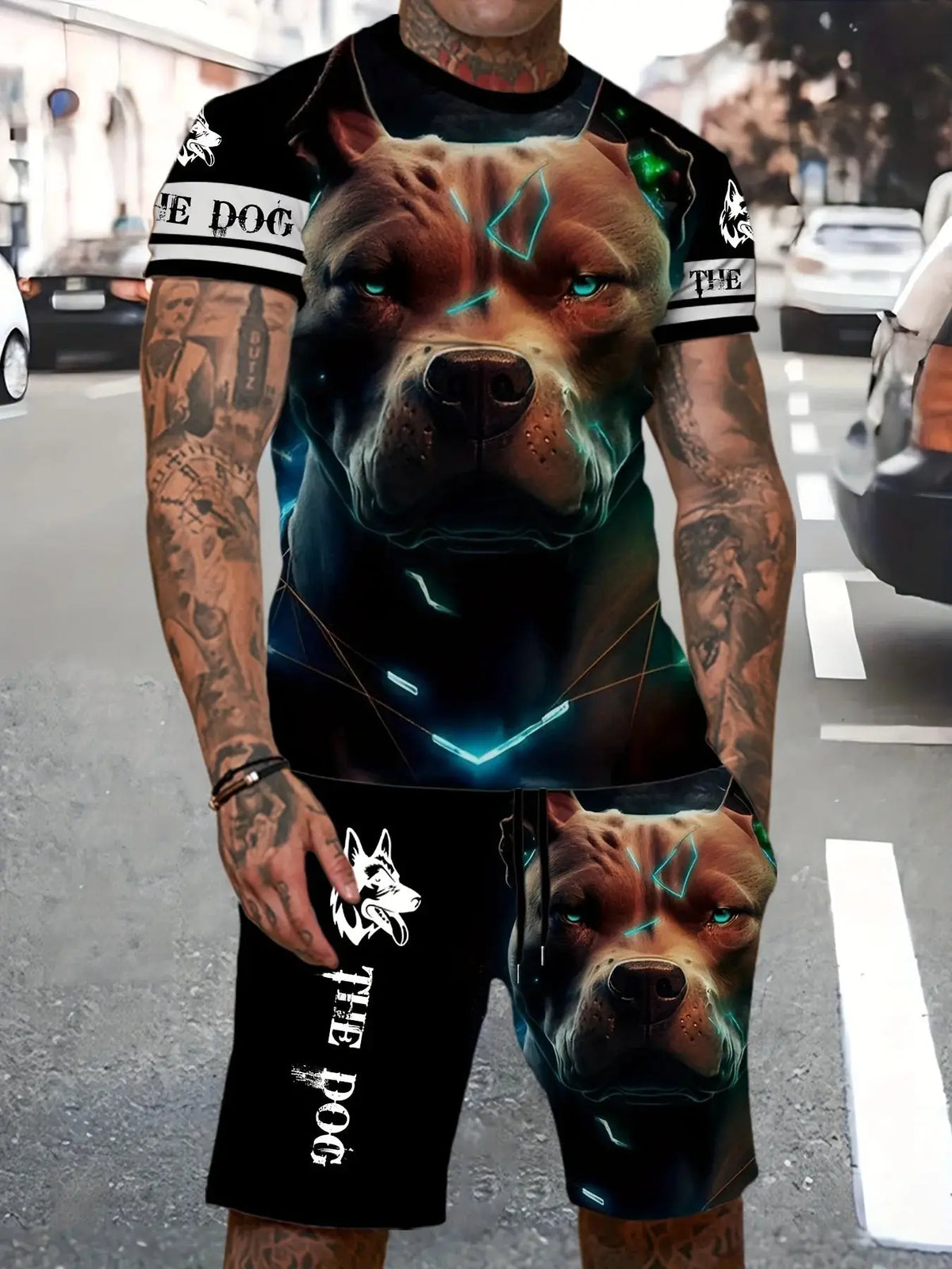 Men's 2-piece summer outfit featuring a 3D printed high-def pitbull graphic on a short-sleeve round neck shirt and matching shorts for casual wear.