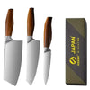 Three Japanese kitchen knives with wooden handles