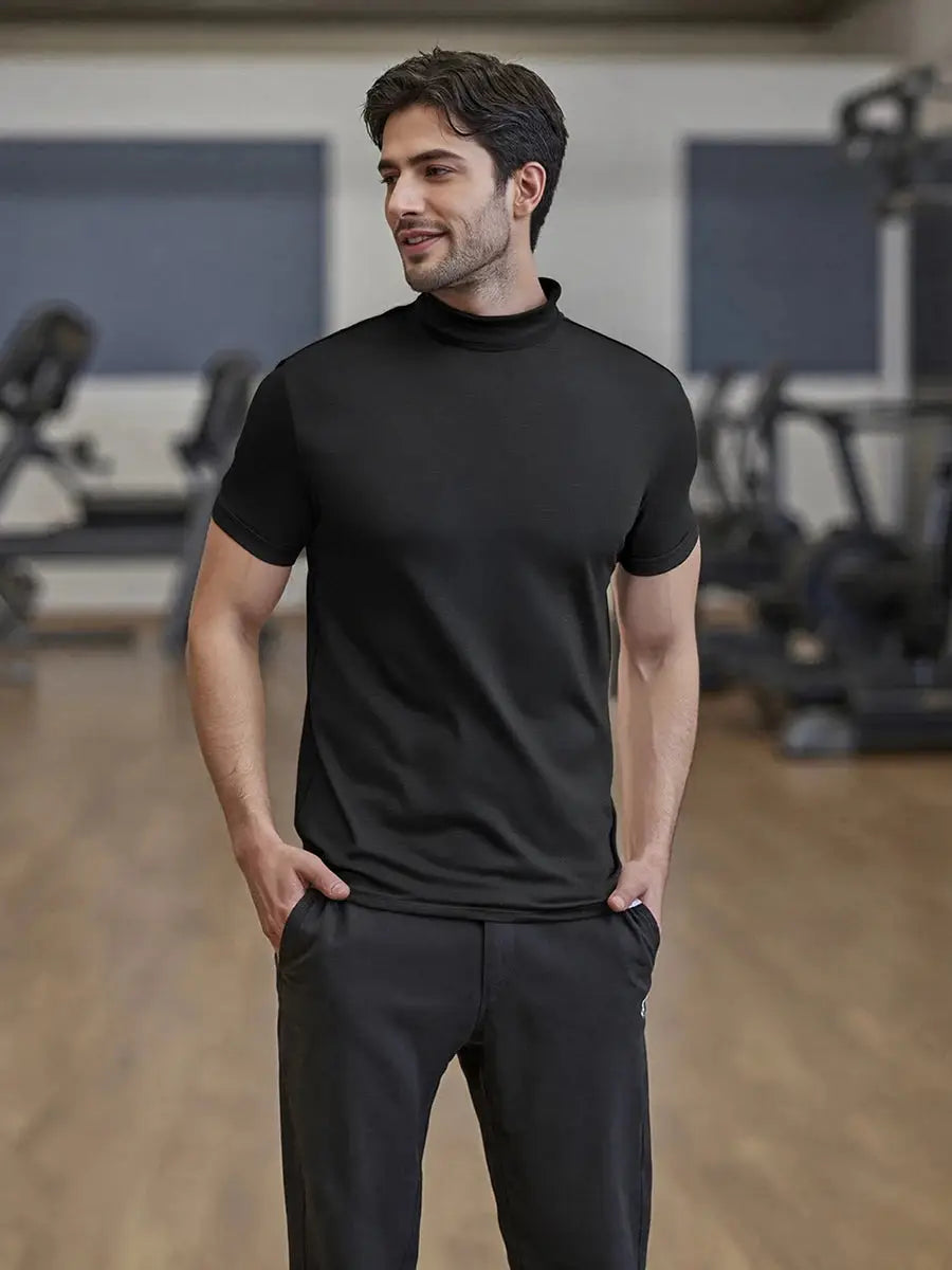 Men’s Casual High-Neck T-Shirt – Solid Color Short Sleeve Basic Tee for Summer Everyday Wear