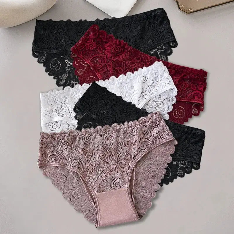 5-Pack Women's Lace Cotton Panties Floral Embroidered Briefs with Hollow-Out Design