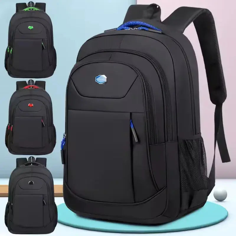 Men’s waterproof Oxford backpack in black with colored zipper accents, ideal for business, school, travel, or daily commute use.