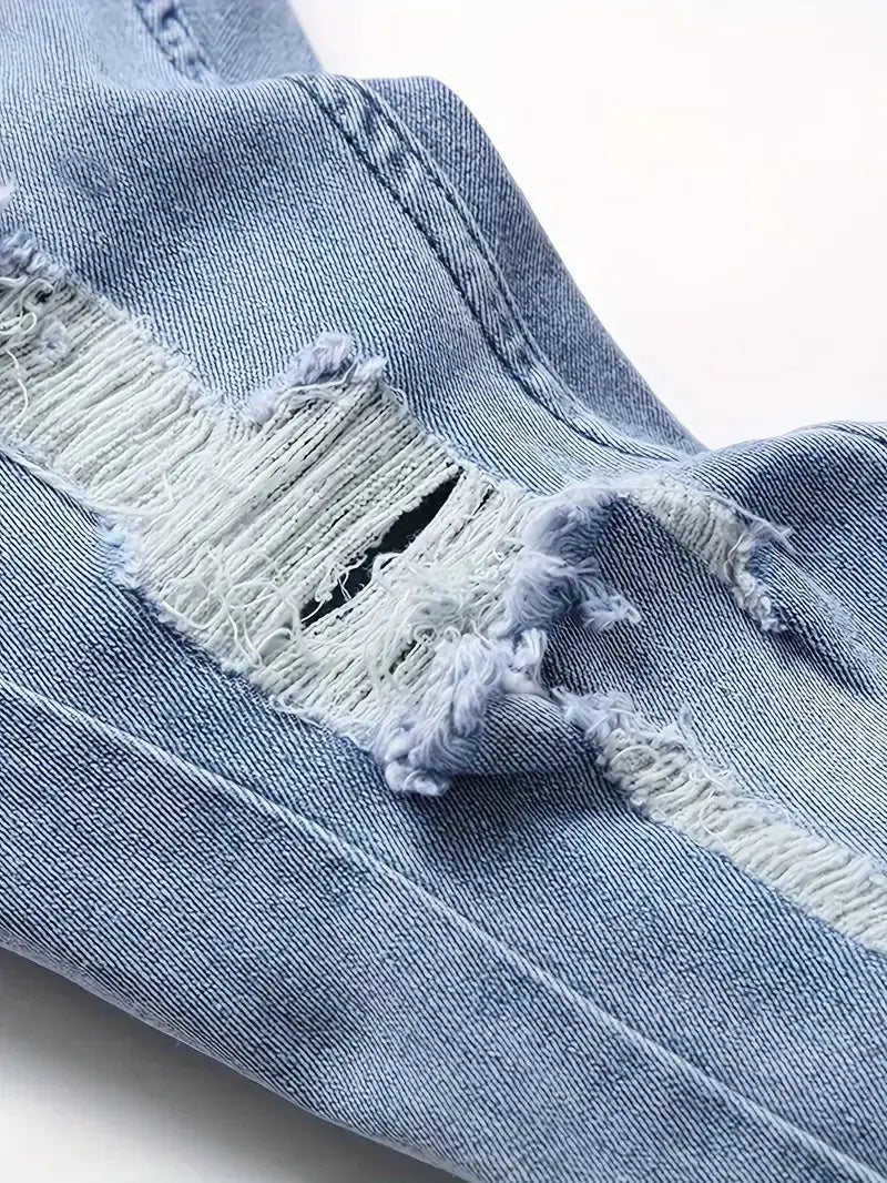 Men’s Slim Fit Ripped Jeans – Light Blue Distressed Denim with Stretch for Casual Street Style