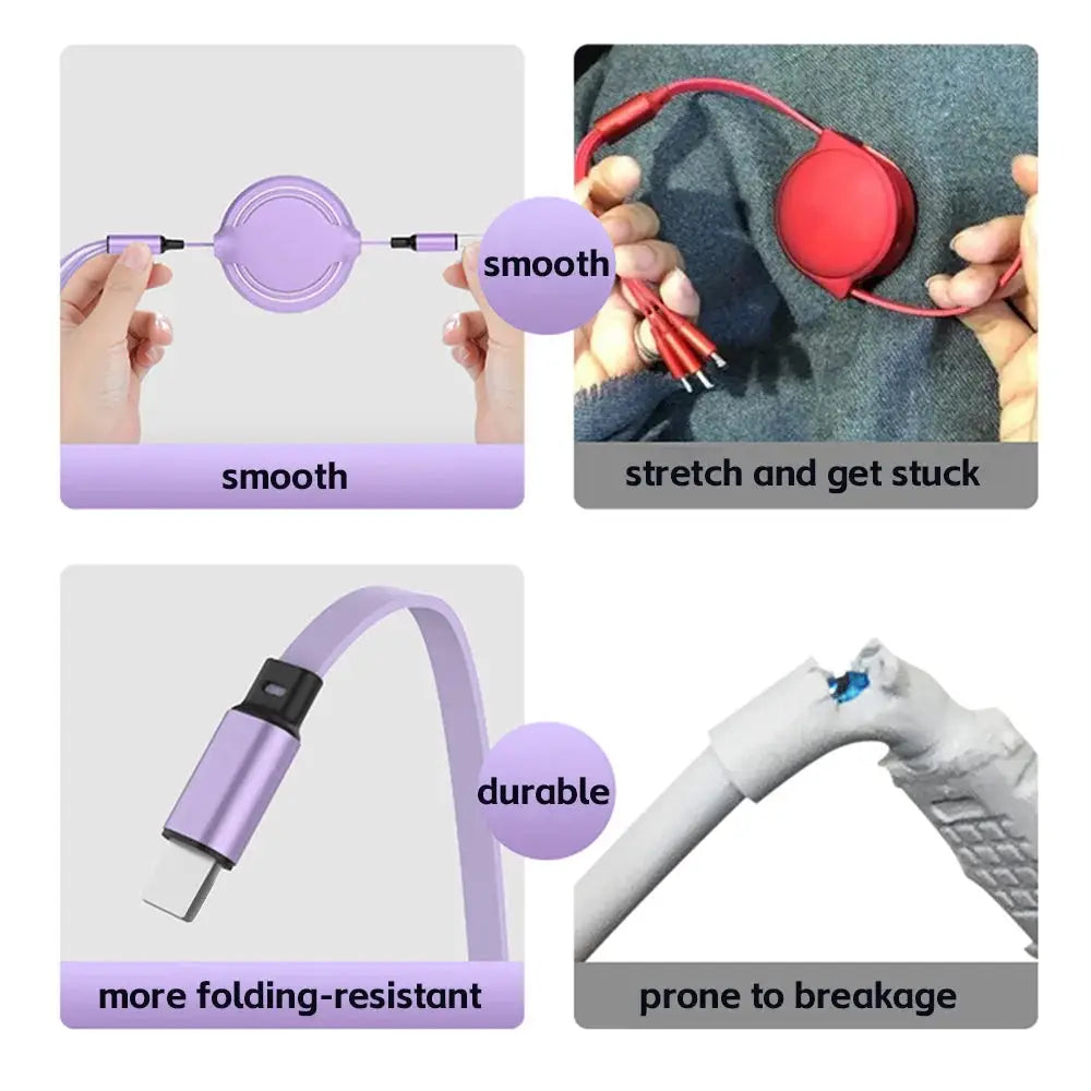 3-in-1 retractable USB charging and data cable, fast charge, compatible with iPhone, Samsung, Huawei, Xiaomi (2-pack)