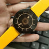 Yellow strap watch with unique central design